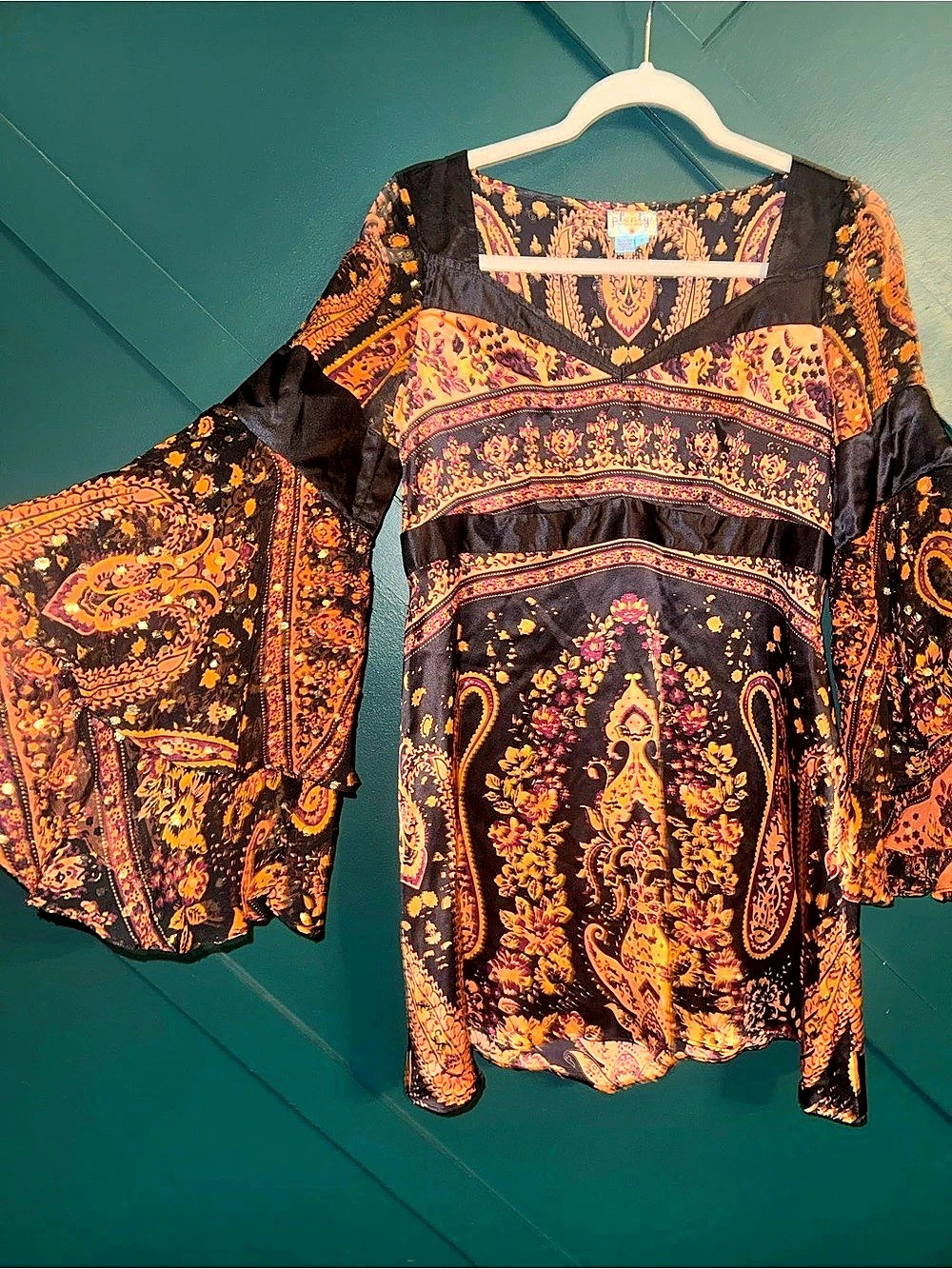 Vintage Plenty by Tracy Reese  Y2K Silk Paisley Bell Sleeve Tunic Blouse - Picture 4 of 9
